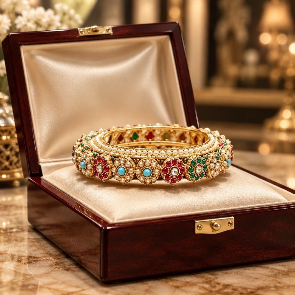 Gold Multicolor Floral Kundan Bangle